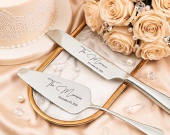 Juego de cortar y servir pasteles personalizados, juego de pastel de bodas, cuchillo para servir grabado, regalo de cumpleaños, recuerdo de aniversario o inauguración de casa, regalo de boda