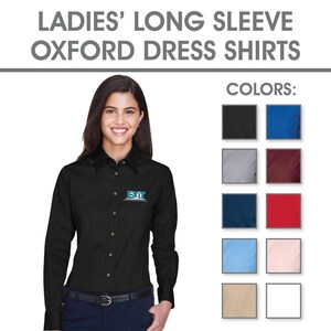 May include: A black long-sleeve oxford dress shirt with a button-down collar. The shirt has a small embroidered logo on the left chest. The image shows a model wearing the shirt and a variety of color options for the shirt are displayed below.