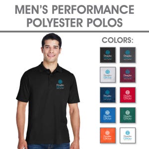 May include: A black performance polyester polo shirt with a blue embroidered logo that says "Douglas Elliman Real Estate". The shirt is shown on a model. The image also shows a variety of color options for the shirt, including gray, burgundy, navy, green, orange, and white.