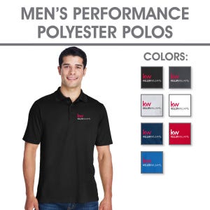 May include: Black polyester polo shirt with a red logo, displayed with color swatches. The image includes the text "MEN'S PERFORMANCE POLYESTER POLOS" and "COLORS:" with color options.