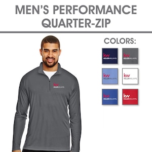May include: A gray quarter-zip performance shirt with a red and white logo that says "kw KELLERWILLIAMS". The shirt is shown on a model. The image also shows six color options for the shirt, including navy, gray, light blue, white, blue, and red.