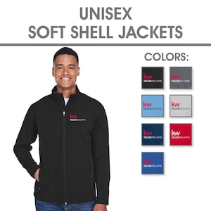 May include: A black soft shell jacket with a zipper closure and a small embroidered logo that says "kw KELLERWILLIAMS". The jacket is shown on a model. The image also shows six different color options for the jacket, each with the same logo.