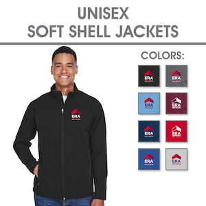 Puede incluir: Chaqueta unisex negra de softshell con cierre de cremallera. La chaqueta presenta el logotipo "ERA Real Estate" en rojo en el pecho. La imagen también muestra opciones de color: negro, gris, azul claro, burdeos, marino y rojo.