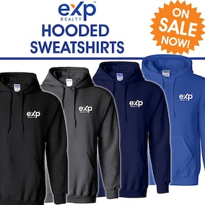 May include: A display of hooded sweatshirts in black, gray, navy blue, and royal blue. Each sweatshirt features the "exp REALTY" logo in white. The image includes the text "HOODED SWEATSHIRTS" and a promotional "ON SALE NOW!" graphic.