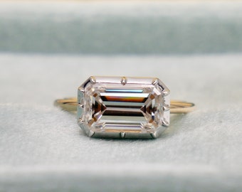 Georgian Victorian Moissanite White Gold Elongated East West Button Back Collet Ring