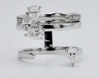 14K White Gold Stacking Ring Set | Pear Lab Diamond Double Band & Triple Cluster Ring | Customizable Fine Jewelry