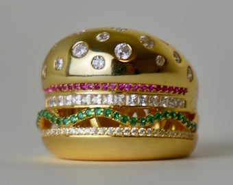 18K Yellow Gold Plated Hamburger or Veggie Burger Ring