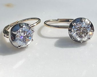 2 carat (6.5 mm) Round Moissanite Georgian Victorian Blackened 14K Gold Earrings