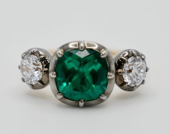 3.5 Ct Cushion Emerald and 0.5 Ct Lab Diamond Georgian Victorian Collet Button Back Trilogy Ring