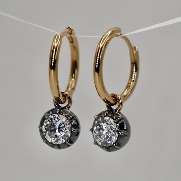 Round Georgian Victorian Diamond Blackened 14K or 18K Gold Hoop Earrings