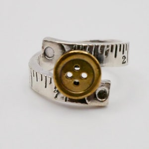 Vintage Adjustable Sterling Silver and Brass Ruler with Button Ring – Retro Statement Ring – Unique Adjustable Ring – Gift for Her