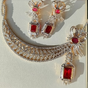 25 Ct Diamond, Emerald, Sapphire, Ruby Interchangeable Bow Necklace and Earrings in 18K White and Yellow Gold