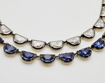 Collar de tenis georgiano Riviere Half Moon de zafiro de laboratorio de 22 quilates