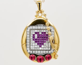 18K Gold Filled Egg Pendant Necklace with Moissanite and Gemstones, 90s Nostalgia Jewelry, Retro Digital Pet Charm