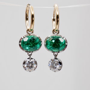 5 Ct Oval Emerald and Round Moissanite Georgian Victorian Blackened 14K or 18K Gold Hoop Earrings