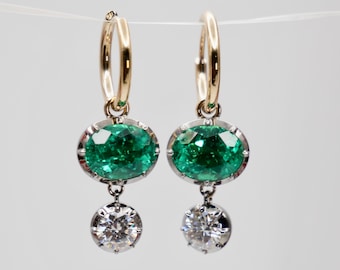 5 Ct Oval Emerald and Round Moissanite Georgian Victorian Blackened 14K or 18K Gold Hoop Earrings