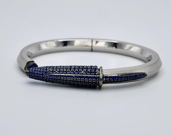 18K White Gold and Blackened Gold Filled Pen Bangle Bracelet with Lab Grown Blue Sapphire Pavé, Fun Jewelry, Statement Bracelet