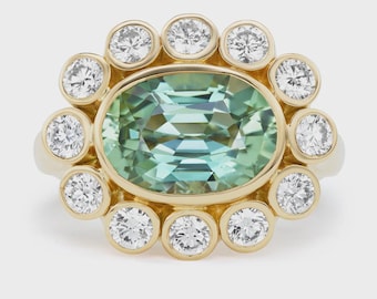 Green Tourmaline Lab Diamond Cluster Ring in 18K Yellow Gold | Bezel Set Engagement Ring | Victorian Style