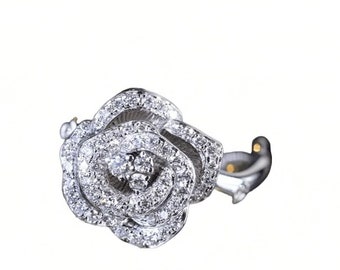 18K Small White Gold and Diamond Rose Bloom Ring