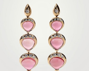 Pink Tourmaline Cabochon Pear Triple Drop Earrings | 18K Gold with Lab Diamonds | Statement Earrings | Cabochon Gemstone Jewelry