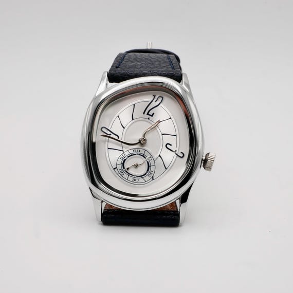 Men's White Gold and Navy Leather Strap Barrel Vintage Inspired Watch