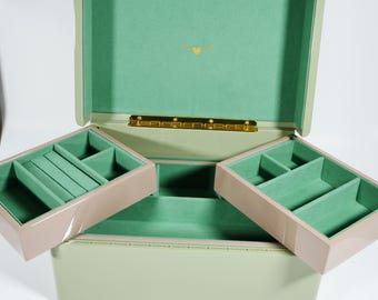 Medium Moss Green Wood Lacquered Multi Tier Jewelry Box