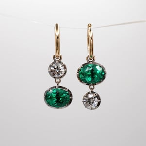 The 5 ct Oval Emerald and Round Moissanite Georgian Mismatched Gold Hoop Earrings Antique Inspired