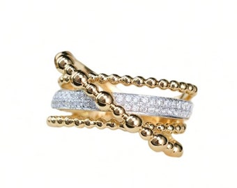 18K Gold Ball and Diamond Criss Cross Ring