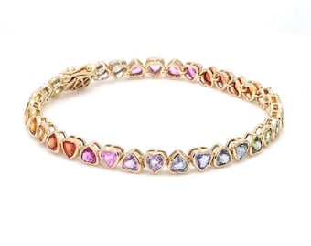 Solid Gold Multi Rainbow Heart Sapphire Tennis Bracelet