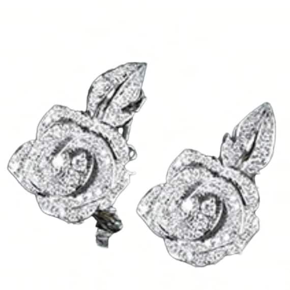 18K White Gold Large Diamond Rose Bloom Leaf Studs