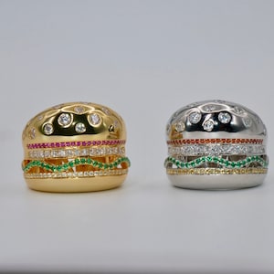 18K Yellow Gold Plated Hamburger or Veggie Burger Ring image 9