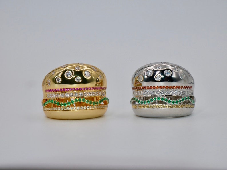 18K Yellow Gold Plated Hamburger or Veggie Burger Ring image 9