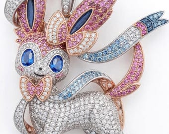 Sylveon Pokemon Pendant Necklace 3D Moissanite Gemstone Charm, 18K Gold Fairy Type Eevee Evolution Jewelry, Anime Gamer Gift