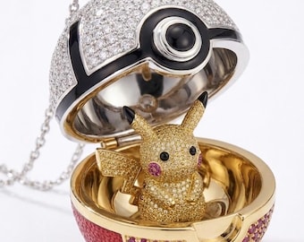 Pokeball Locket Pendant with Pikachu Inside, 3D Opening Pokemon Necklace, Pavé Moissanite 18K Gold, Anime Gamer Jewelry Gift