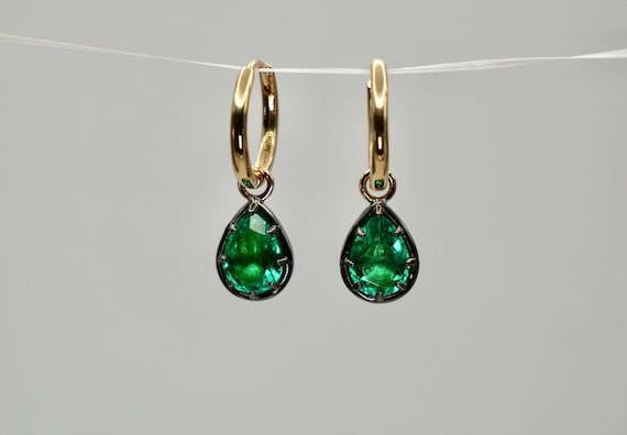 1.5 Ct Pear Shaped Emerald Georgian Victorian Blackened 18K Gold Earrings