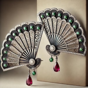 Może przedstawiać: Dwa srebrne i czarne broszki w kształcie wachlarza z misternymi wzorami i zielonymi i czerwonymi kamieniami szlachetnymi.