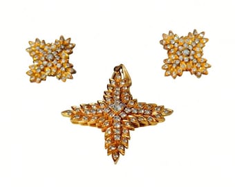 Art Deco Diamond Celestial Four Point Star Pendant and Earrings in 18K Yellow Gold