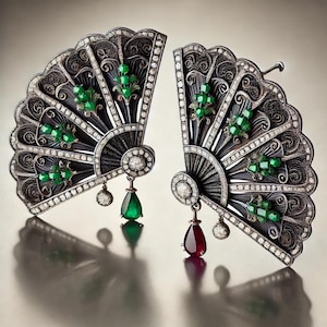 Może przedstawiać: Para ozdobnych srebrnych kolczyków w kształcie wachlarzy, z zielonymi i czerwonymi kamieniami szlachetnymi. Kolczyki są ozdobione misternymi wzorami filigranowymi i mają zwisający wisiorek.