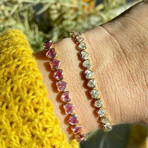 Solid Gold Pink Heart Sapphire Tennis Bracelet