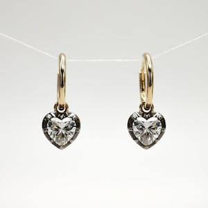Heart-Shaped Blackened Gold Georgian Moissanite Hoop Earrings Antique Inspired