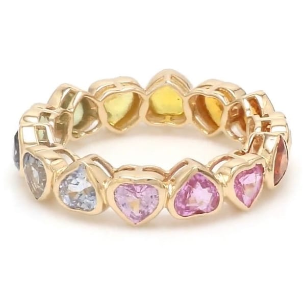 Multi Rainbow Heart Sapphire Bezel Eternity Band Ring