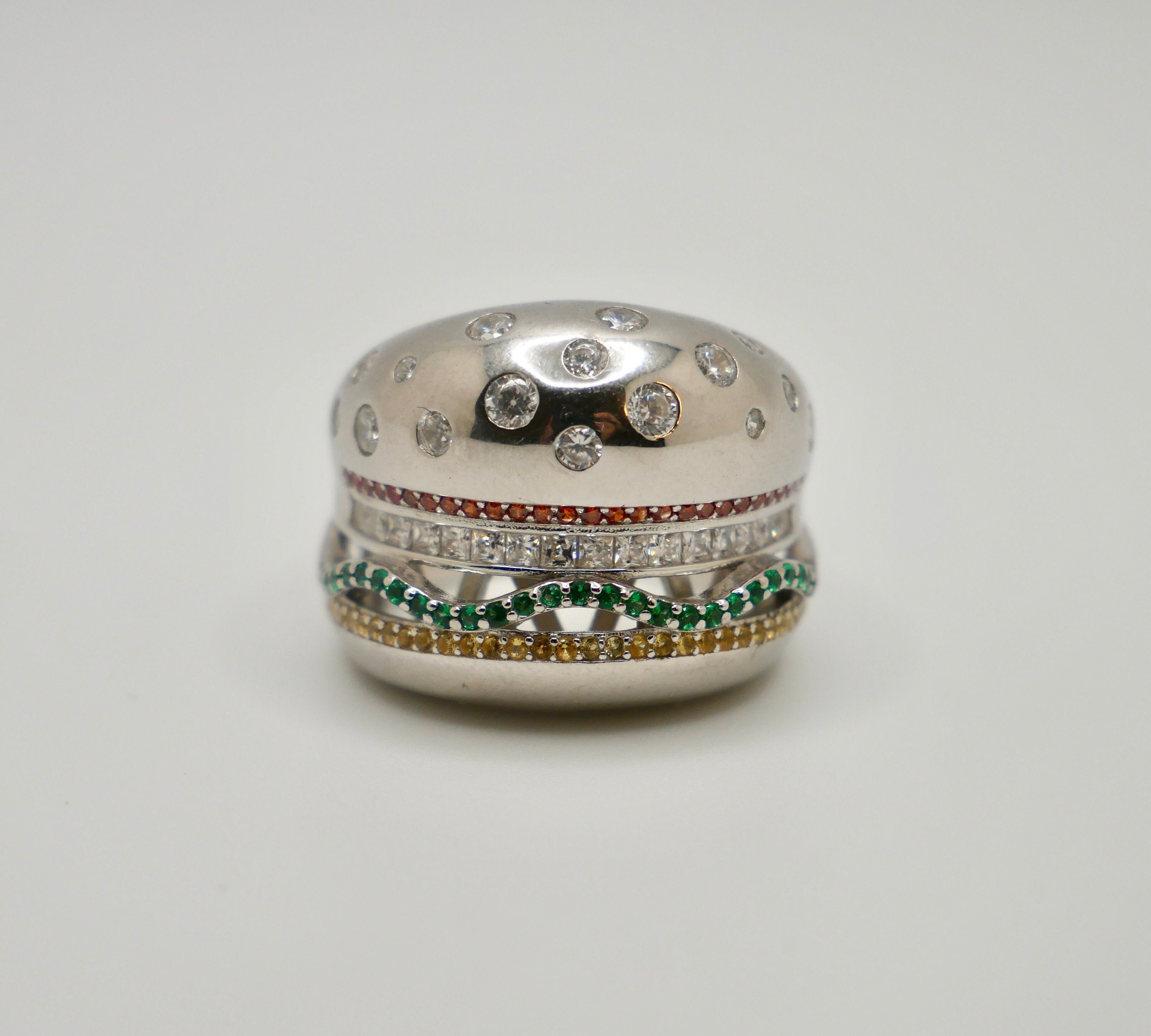 18K White Gold Plated Hamburger or Veggie Burger Ring