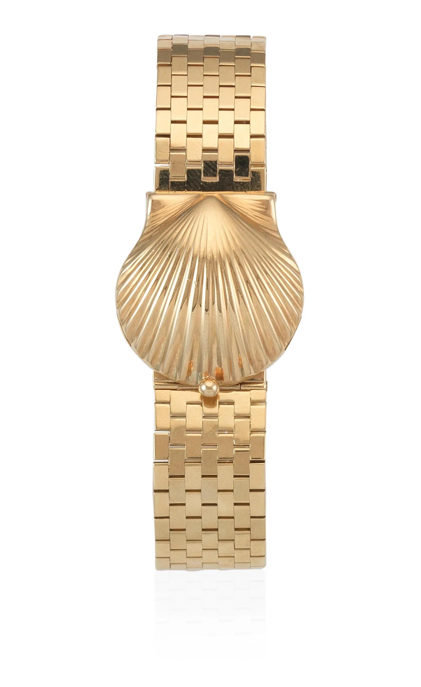 14KT ALL GOLD 14金 HENO 17石 ヴィンテージ 腕時計 時計 14Kイエローゴールド製、貝殻をモチーフにしたヴィンテージ