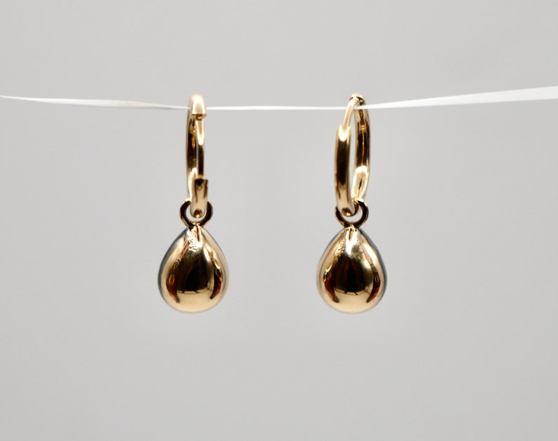 May include: A pair of gold hoop earrings with a teardrop-shaped charm hanging from each hoop.