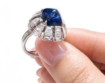 Lab Sapphire Sugarloaf Ring with Carré Cut Lab Diamonds in Platinum, Art Deco Cocktail Ring, Blue Gemstone Statement Ring