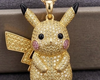 Pikachu Pokemon Pendant Charm Necklace 3D Moissanite 18K Gold, Anime Gamer Jewelry Gift, 25mm Pikachu Charm for Bracelet or Necklace