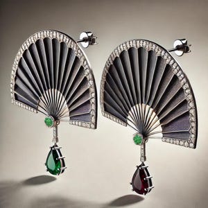 Może przedstawiać: Para kolczyków w kształcie wachlarza. Każdy kolczyk ma srebrną oprawę wysadzaną małymi, przezroczystymi kamieniami. Ostrza wachlarza są ciemnoszare. Jeden kolczyk ma zielony klejnot w kształcie łzy, drugi czerwony klejnot.