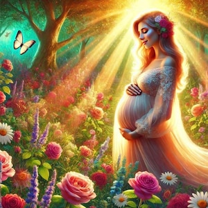 May include: A digital painting of a pregnant person in a flowing gown, surrounded by a vibrant garden of roses, daisies, and other flowers. A butterfly flutters nearby, and sunlight streams through the trees.