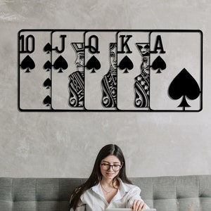 Royal Flush Metall Wandkunst, Wandkunst Wohnzimmer Wanddekoration, Poker Wandkunst, Geschenk für Gamer, Spielzimmer Dekoration, Wandkunst, minimalistische Wanddekoration