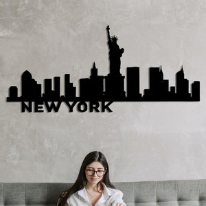 NEW YORK Silhouette Office Wall Art, NYC, Metalen Wandknoping, Skyline van New York, Het Vrijheidsbeeld, Muurteken, Grote Kunst aan de Muur, Stadsplattegrond